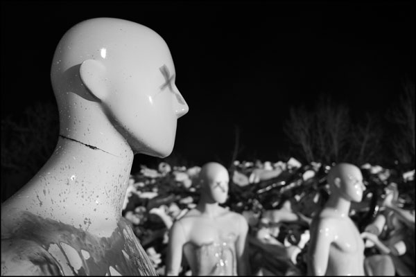 A closer view. Paint daubed mannequins, with The Undaunted's crosses for eyes motif. Photography by Greig Clifford