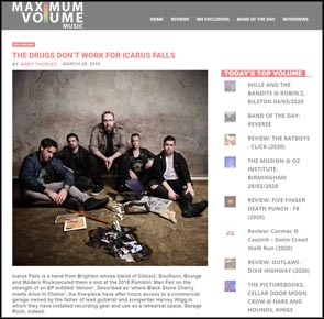 Band portrait of Icarus Falls accompanying editorial on Maximum Volume Music's website.