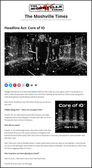 Cover art photography and band portrait of Core of iO accompanying their feature on The Moshville Time's website.