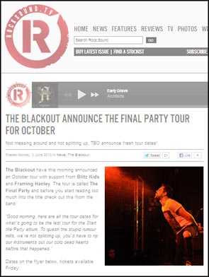 A live photo from a The Blackout show to accompany some editorial on Rock Sound magazine's website.